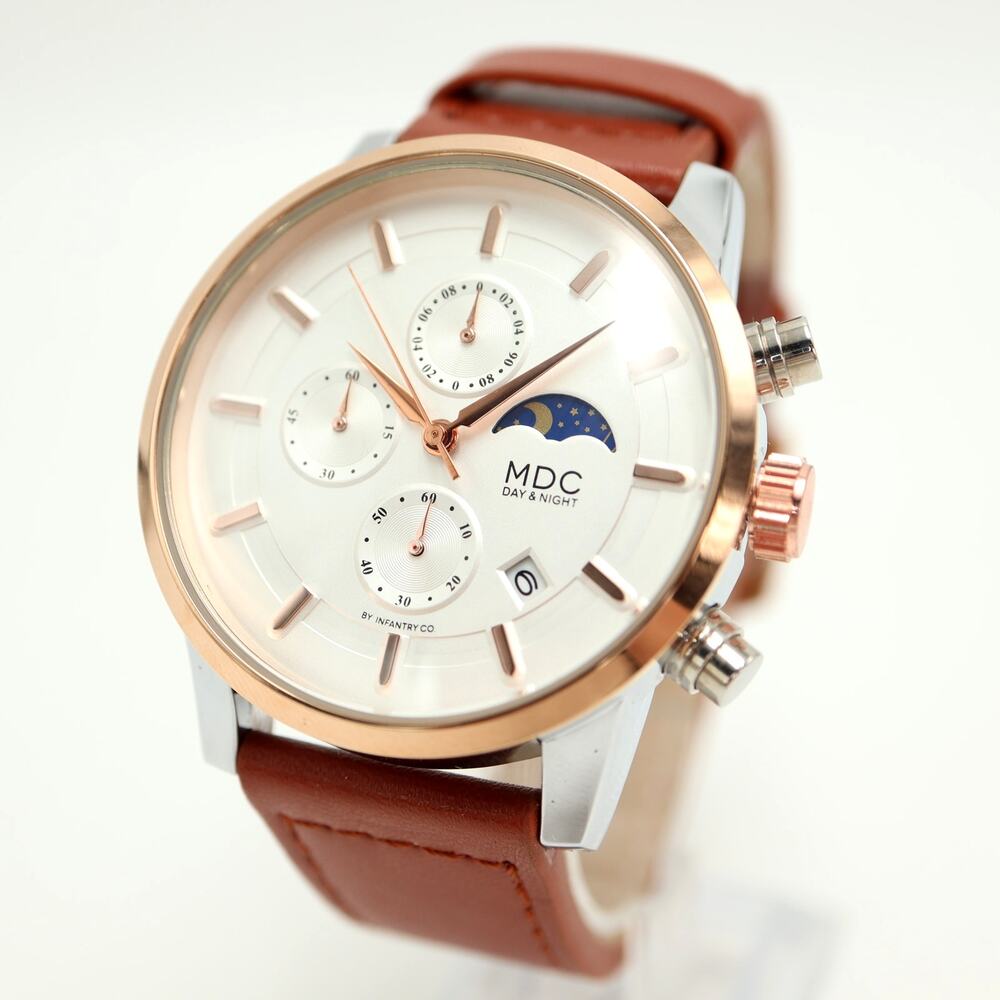 Infantry Co MDC Mens 43mm Moon Phase Chronograph Watch Brown Leather New Battery
